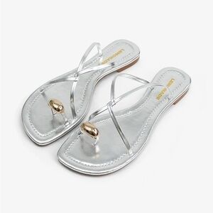 NEW Lemonade Metallic Silver Strappy Flip Flop Sandals Minimalist Gold Toe Ring